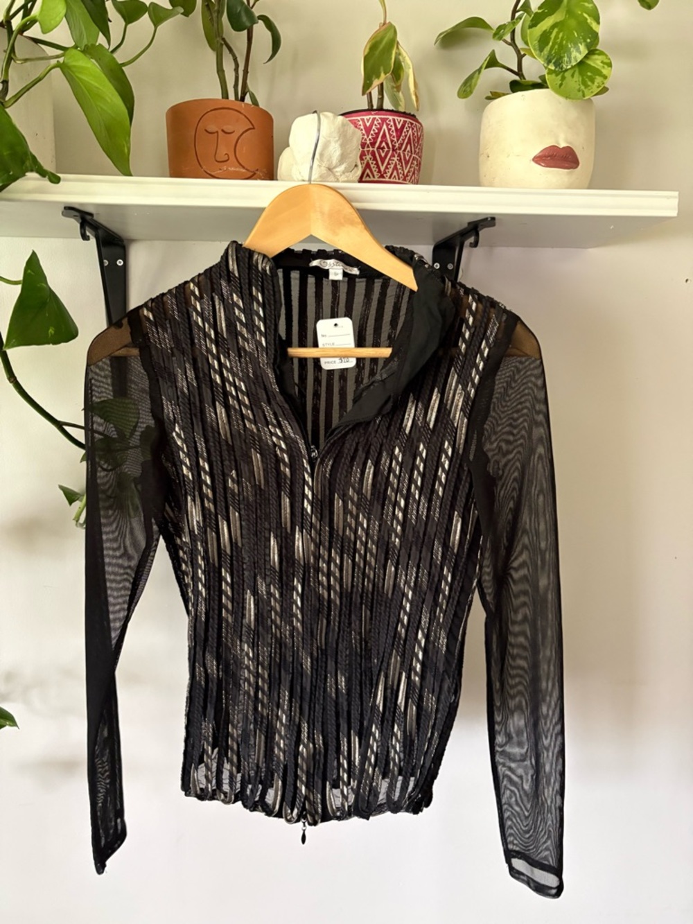 Osstinee Women’s Black Sheer Zip-Front Long Sleeve Top